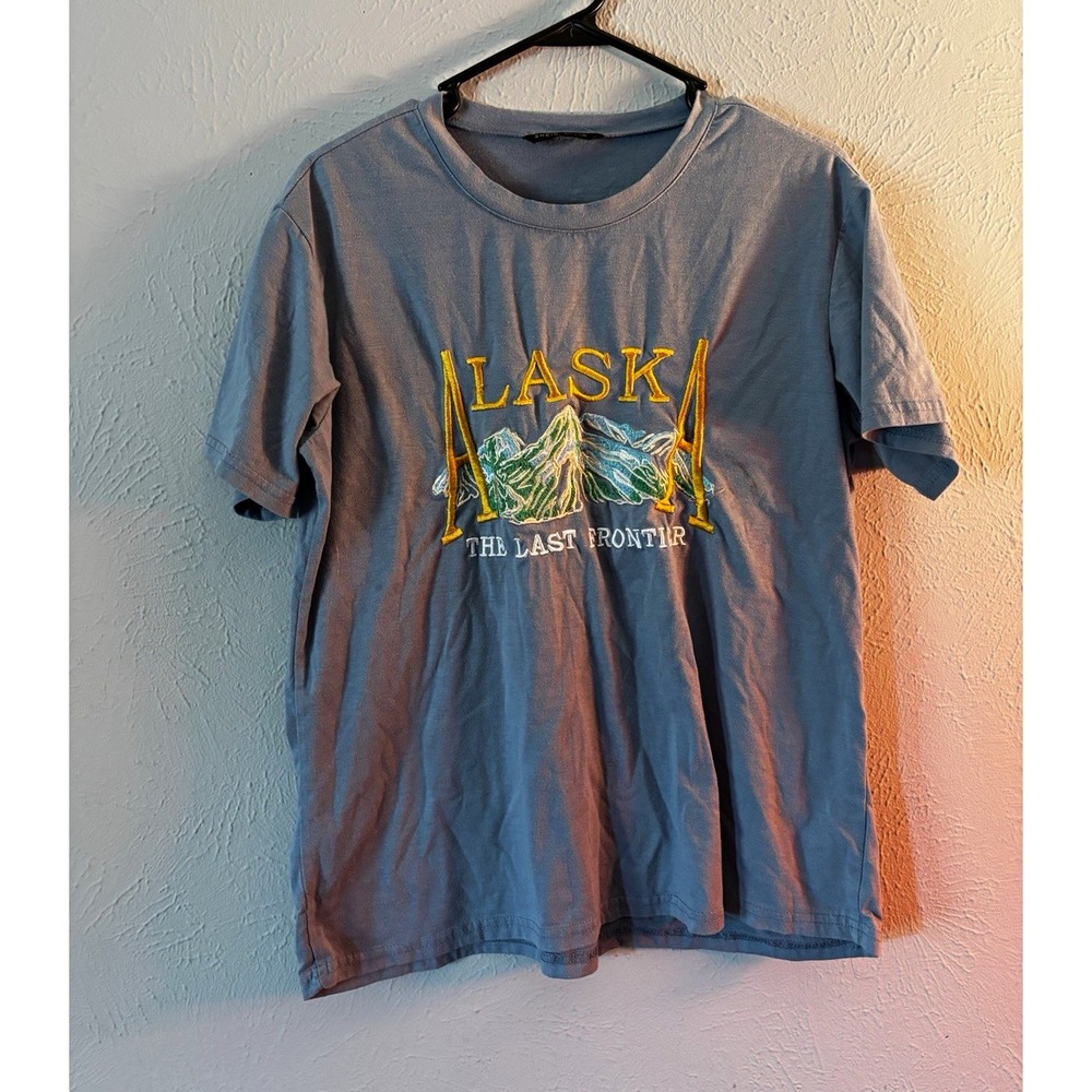SHEIN Men's Blue Alaska Graphic Crew Neck Short Sleeve Cotton T-Shirt S